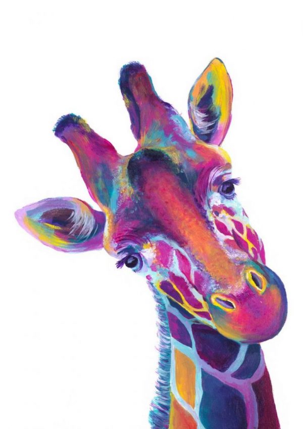 multicoloured giraffe painting on a white background