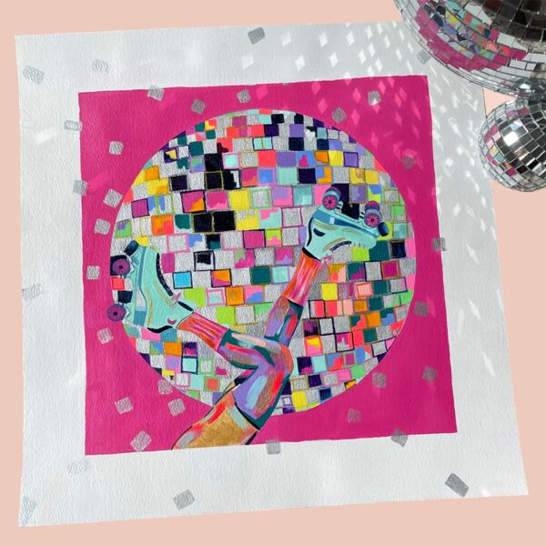 Pink roller disco painting. Colourful Disco Ball with upside down rollerskating legs over the top. on a pink background with disco ball twinkles