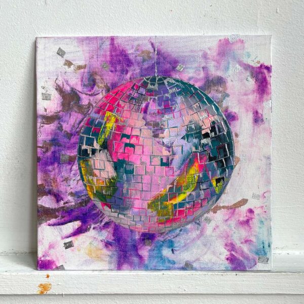 Painting of a colourful disco ball on an energetic purple marbled background.