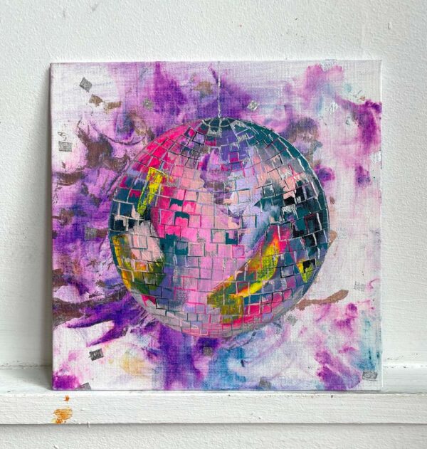 Painting of a colourful disco ball on an energetic purple marbled background.