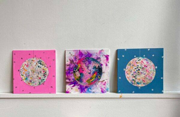 Three mini colourful disco ball paintings