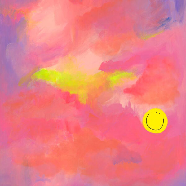 Glimmers print. lilac, peach and pink abstract painting with a yellow happy face.