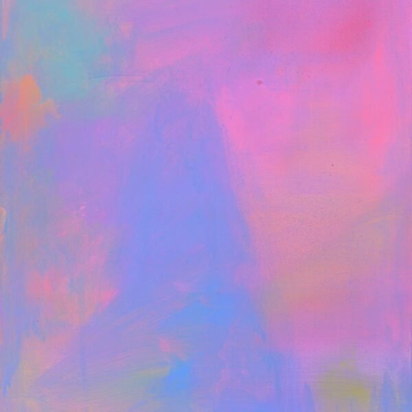 Blue and pink abstract painting with touches of aqua and orange.