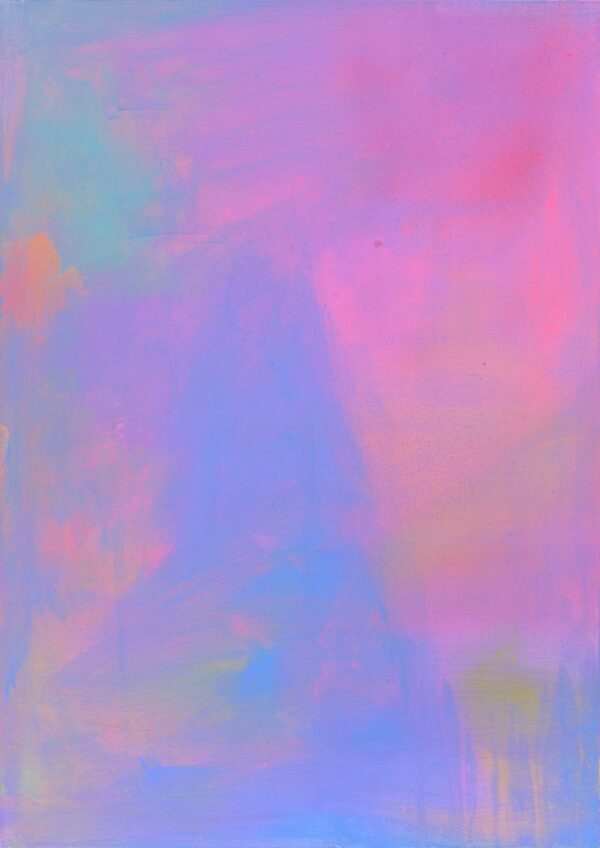 Blue and pink abstract painting with touches of aqua and orange.