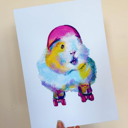 Rollerskating guinea pig on a pale blue background