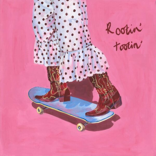 Pink skateboarding cowgirl print. Shes riding a skateboard in polka dot frilly trousers in her red cowboy boots